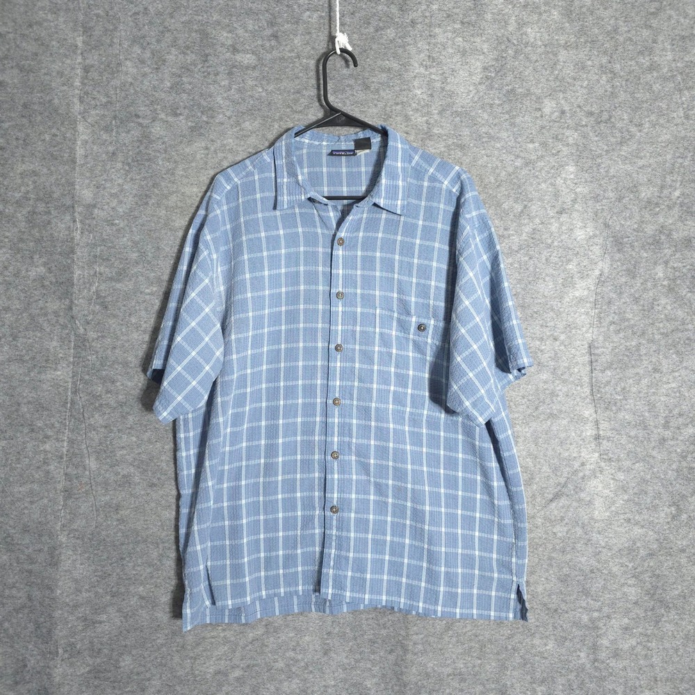 Patagonia Plaid Shirt Mens Large Blue Short Sleeve Seersucker Outdoor Casual